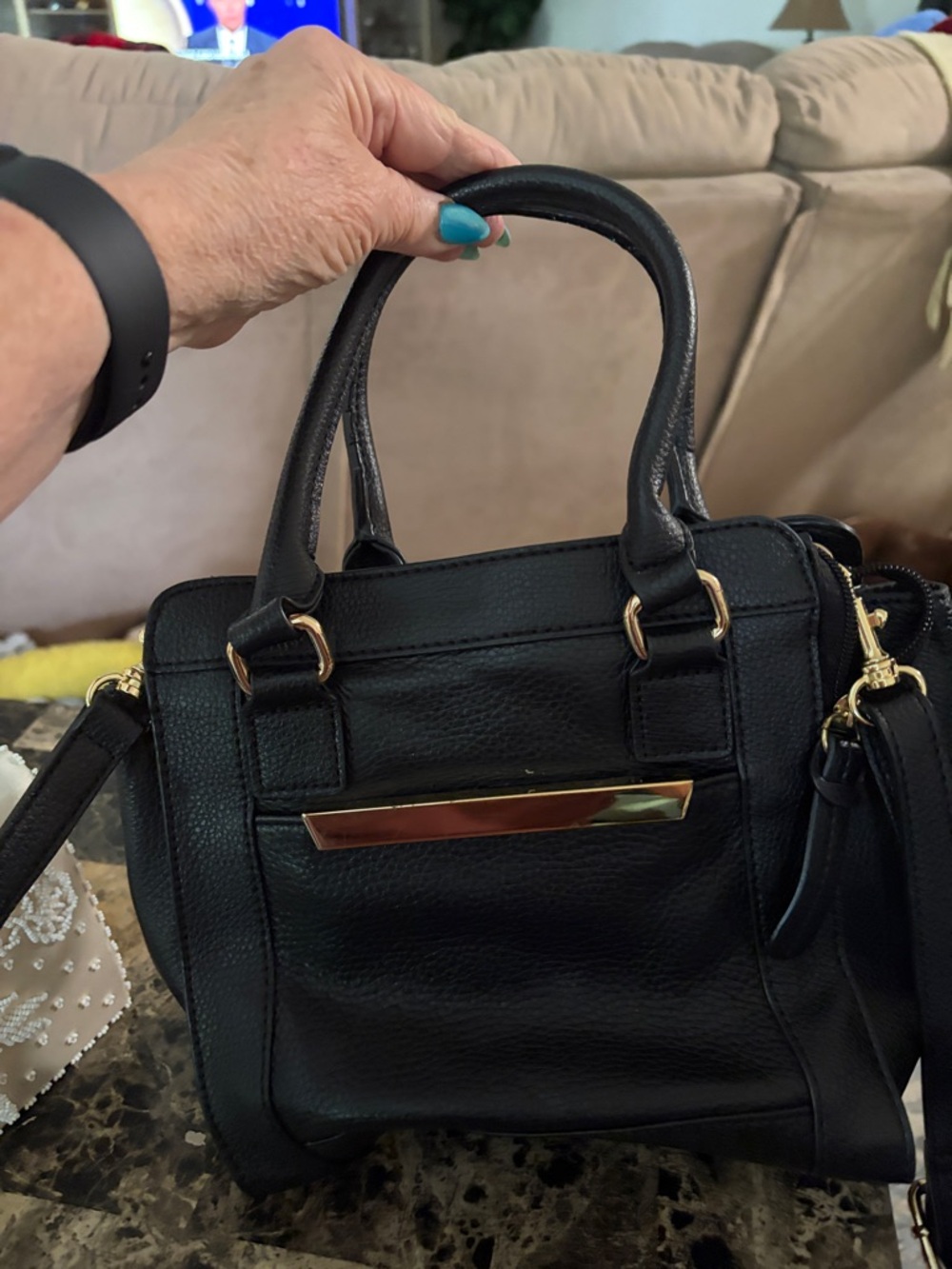 Gianni Bernini Classic Black Leather Satchel Handbag with Gold Accent